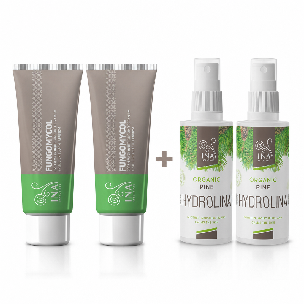 Achetez 2 Crèmes pour les Mycoses des ongles et la peau sèche et craquelée, Recevez 2 Eaux de pin blanc bio gratuites InaEssentials France