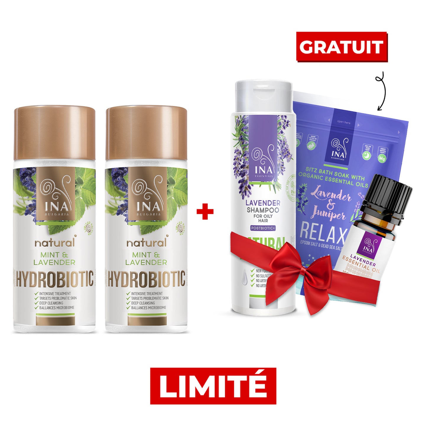Achetez 2 produits Hydrobiotic à la lavande et recevez gratuitement un shampoing à la lavande, une huile essentielle et des sels de bain