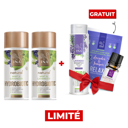 Achetez 2 produits Hydrobiotic à la lavande et recevez gratuitement un shampoing à la lavande, une huile essentielle et des sels de bain
