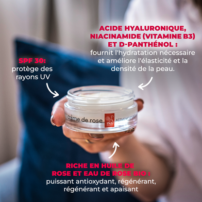 Crème de rose - Crème hydratante de jour avec SPF30 - hautement enrichi en huile Essentielle de Rose Bio