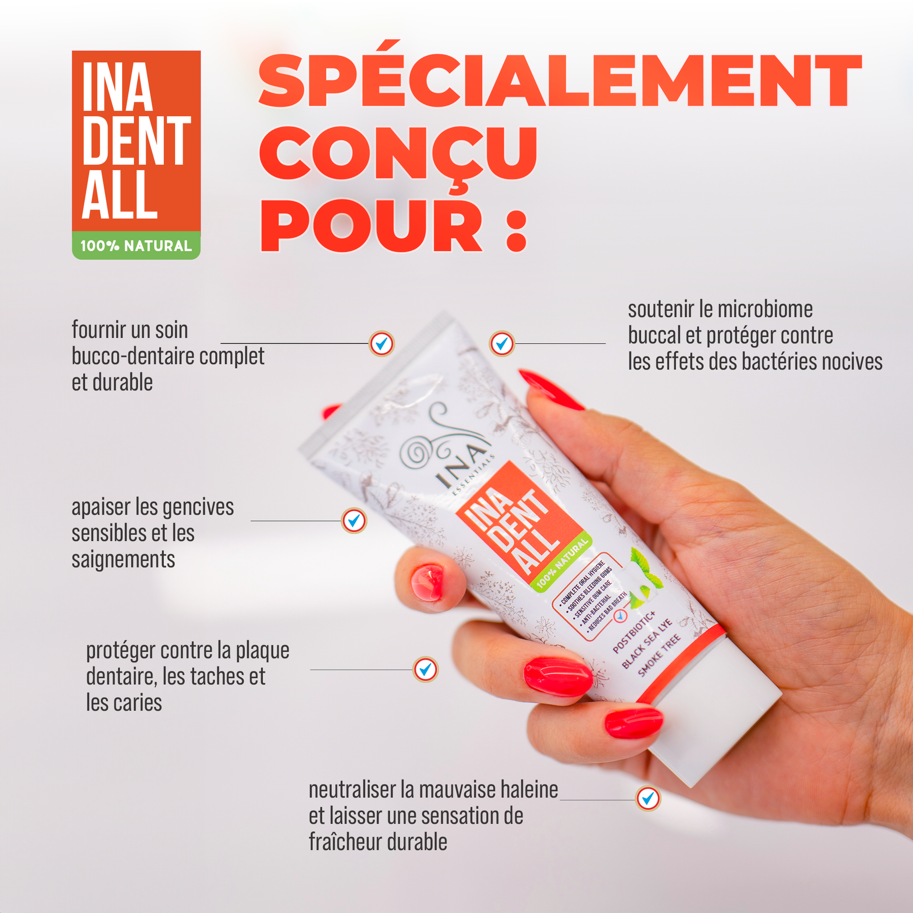 Dentifrice Naturel Sans Fluorure avec Arbre à Perruques, Lessive de la Mer Noire et Postbiotique - Ina Dent-All